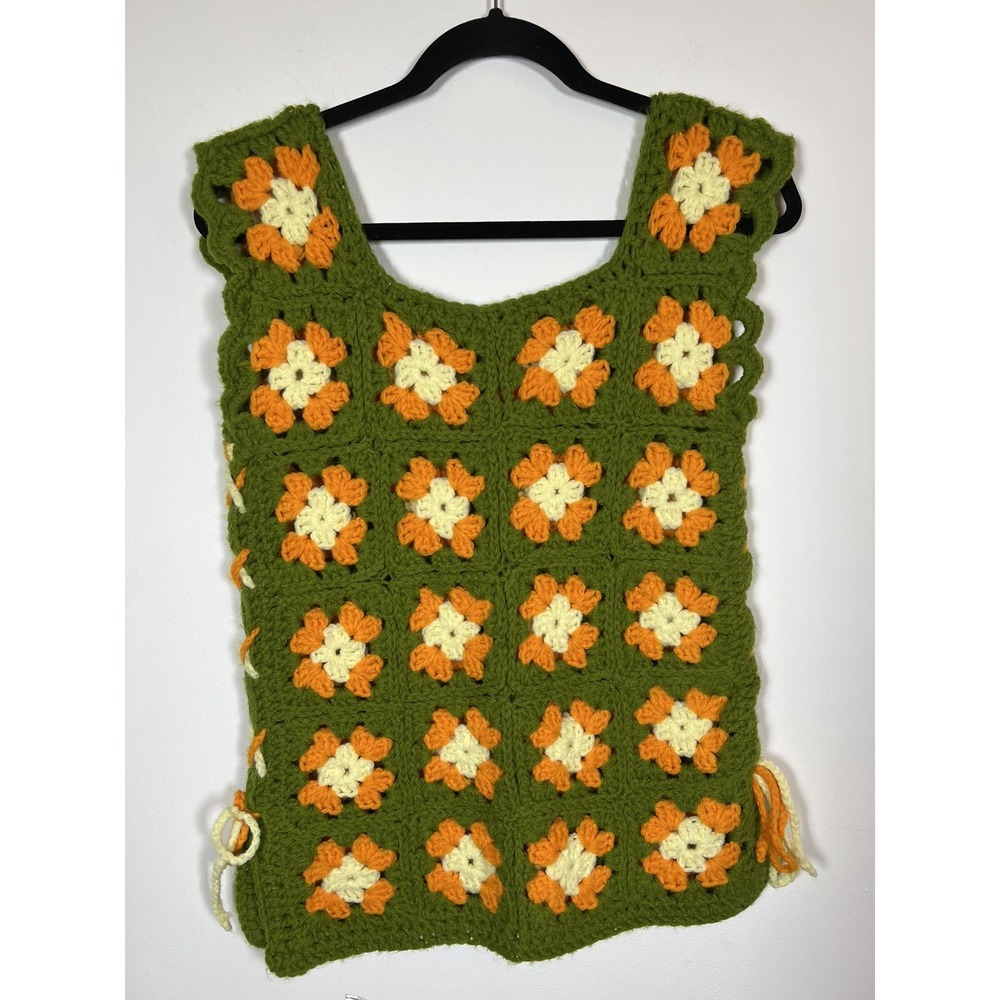 Handmade Crochet Granny Square Vest Top Green Orange 70s Boho Hippie S/M Fall